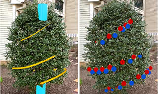 Left: a curve wrapping around a real tree. Right: the tree decorated with ornaments along the curve.